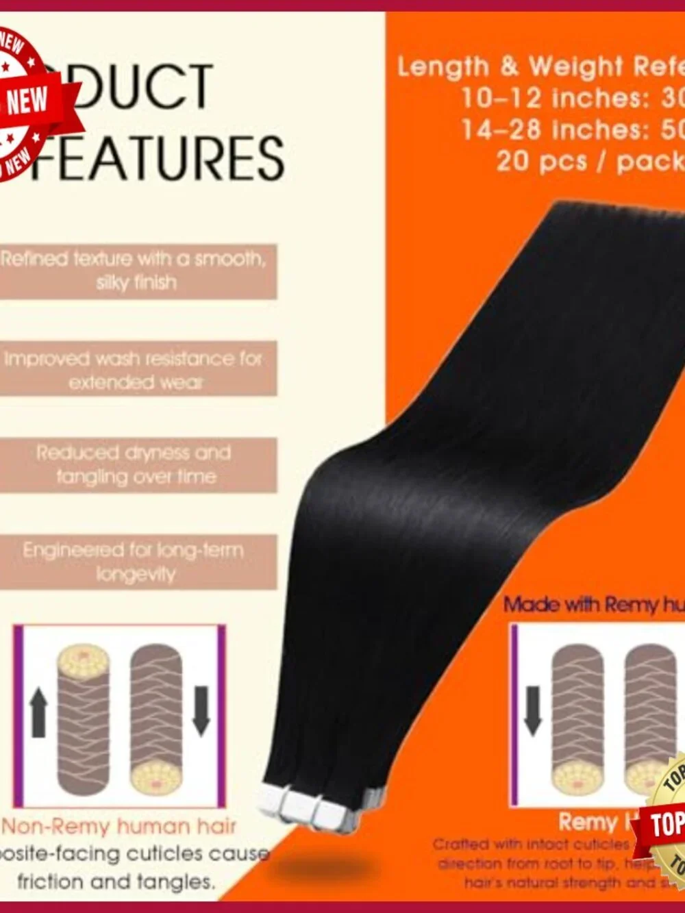 28 Inch Human Hair Tape-In Extensions, 50g, Seamless Skin Weft, 20 Pieces